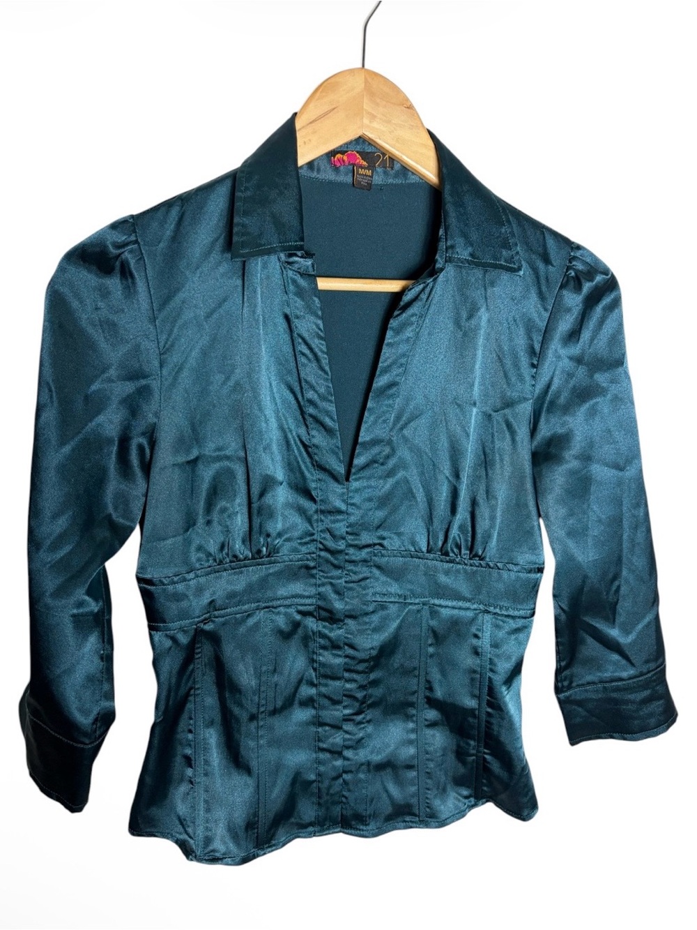 Y2K blue green satin corset split v neck blouse size M